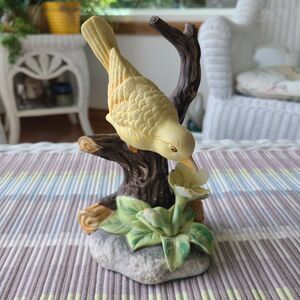Vintage Bisque Porcelain Figurine Yellow Canary Bird On Branch Collectible Gift